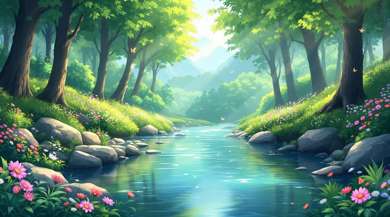 成人短剧资源治愈剧场自然风光背景 成人短剧资源 - 清澈甘甜的治愈剧场,山间清泉流淌在绿意盎然的森林中,晨光洒落,温暖治愈